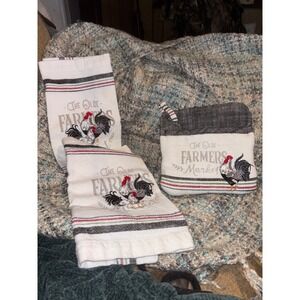 The Olde Farmers Market Rooster Kitchen Set 2 Towels & 1 Pot Holder Farmhouse